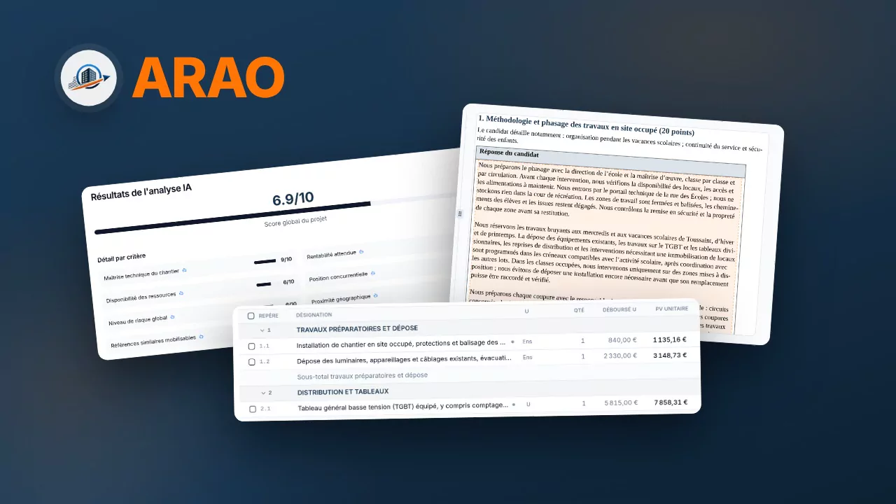 Aperçu d'ARAO : un Go/No-Go argumenté, un mémoire technique rédigé et une DPGF chiffrée