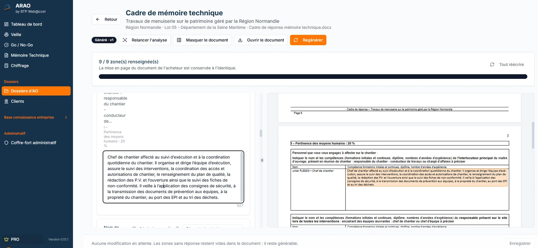 Cadre de réponse dans ARAO : zone « Pertinence des moyens humains : 20 % » éditée à gauche, document Word de l’acheteur rempli à droite, 9 zones sur 9 renseignées