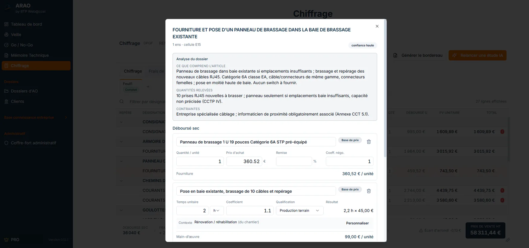 Fiche d’une ligne de bordereau dans ARAO : analyse du dossier, puis sous-détail en fourniture et en main-d’œuvre avec quantité, prix d’achat et temps unitaire