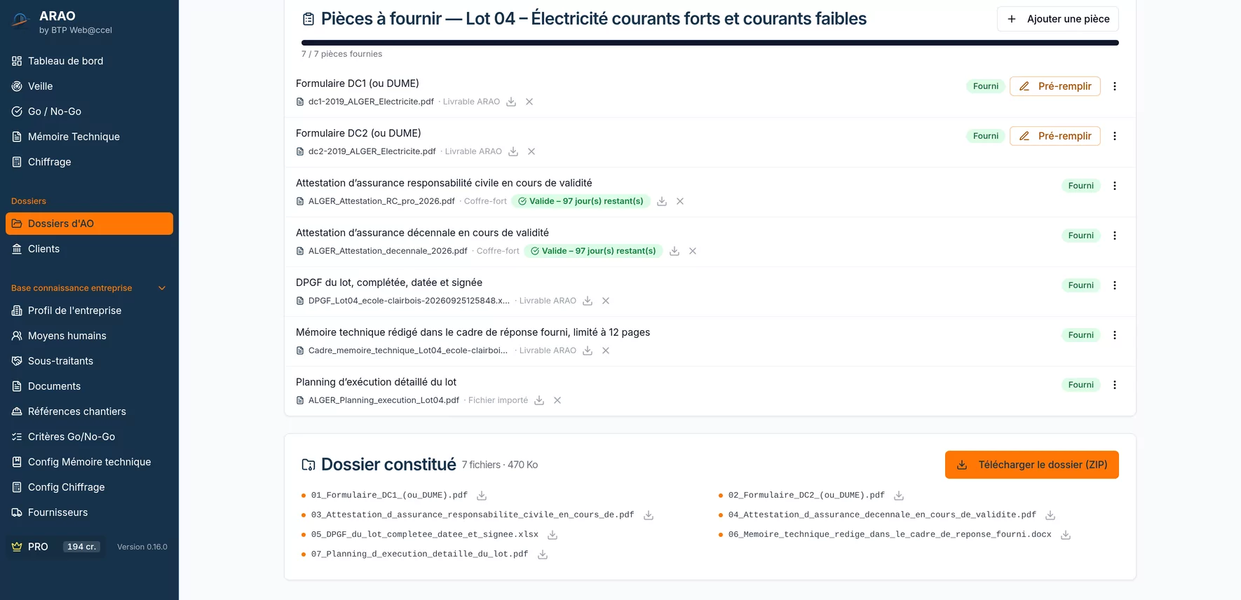 Dossier de candidature d’un lot d’électricité dans ARAO : sept pièces exigées par le RC fournies, DC1 et DC2 pré-remplis, attestations d’assurance valides, archive ZIP numérotée