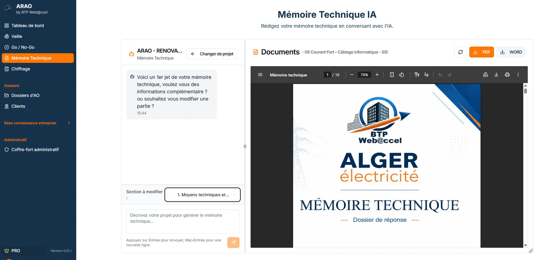 Module mémoire technique d’ARAO : chat de rédaction à gauche avec la section à modifier, aperçu PDF du mémoire et boutons PDF et Word à droite