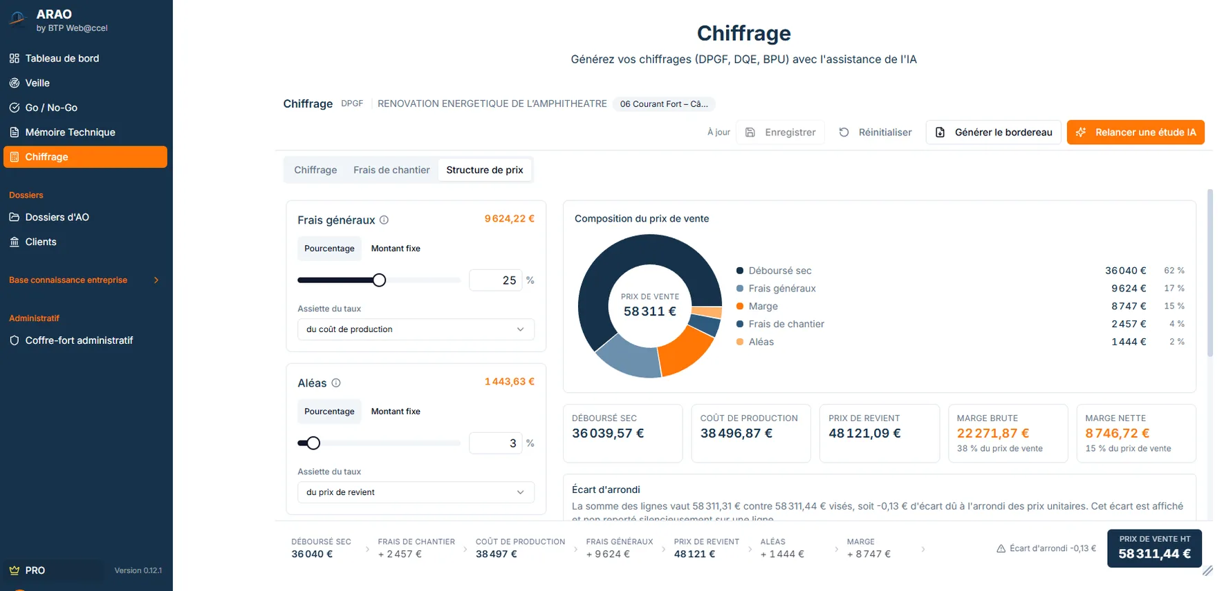 Structure de prix d’un chiffrage dans ARAO : frais généraux et aléas avec leur assiette, composition du prix de vente et écart d’arrondi entre la somme des lignes et le prix visé